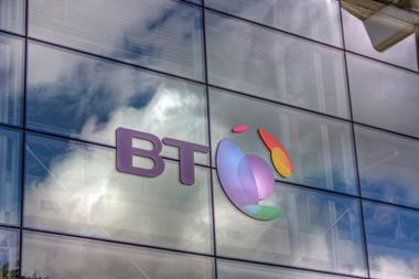 BT logo outside its office in Sevenoaks, UK
