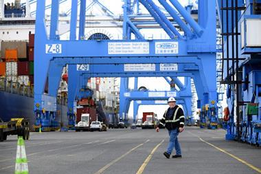 Containers are being offloaded in the port of Philadelphia, April 2025