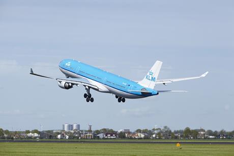 KLM airplane takes off from Schiphol Airport