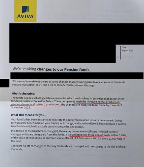 Snapshot of Aviva's letter to clients about upcoming costs for adding exclusions