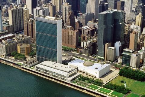 Aerial view of the UN headquarters in New York