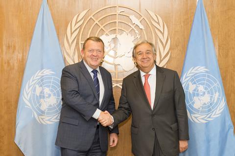 Secretary-General António Guterres (left) meets Danish prime minister Lars Løkke Rasmussen at the UN General Assembly