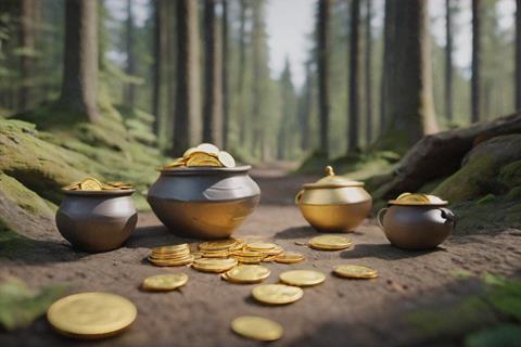 pots of gold coins in forest