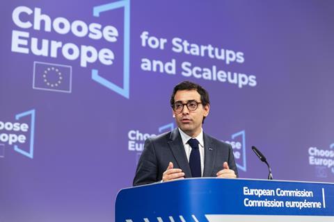 Photo of Stéphane Séjourné, Executive Vice-President of the European Commission for Prosperity and Industrial Strategy, at a press conference on the Commission's EU Startup and Scaleup Strategy